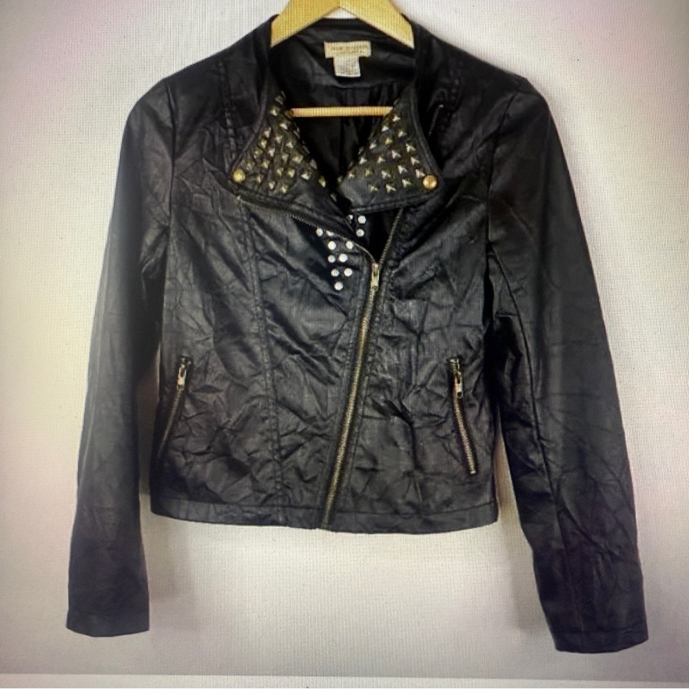 MOON COLLECTION Women Black Lined Studded Faux Leather Jacket Size Small